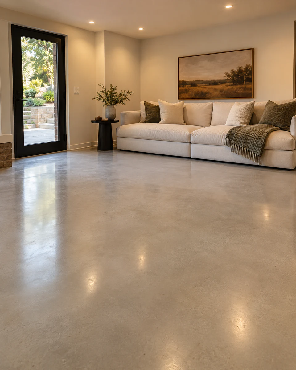 Illustrative basement lounge with a seamless light gray coated floor