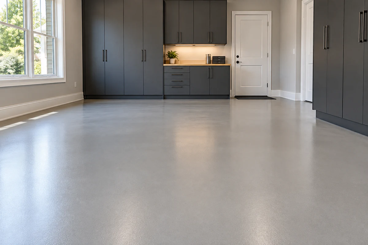 Illustrative residential utility room with a satin gray coated floor