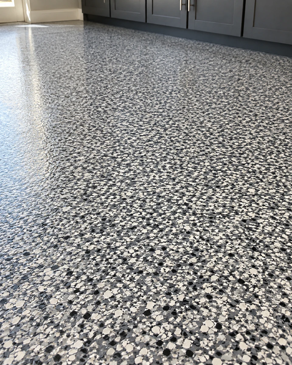 Illustrative close-up of a charcoal, gray and white epoxy flake finish