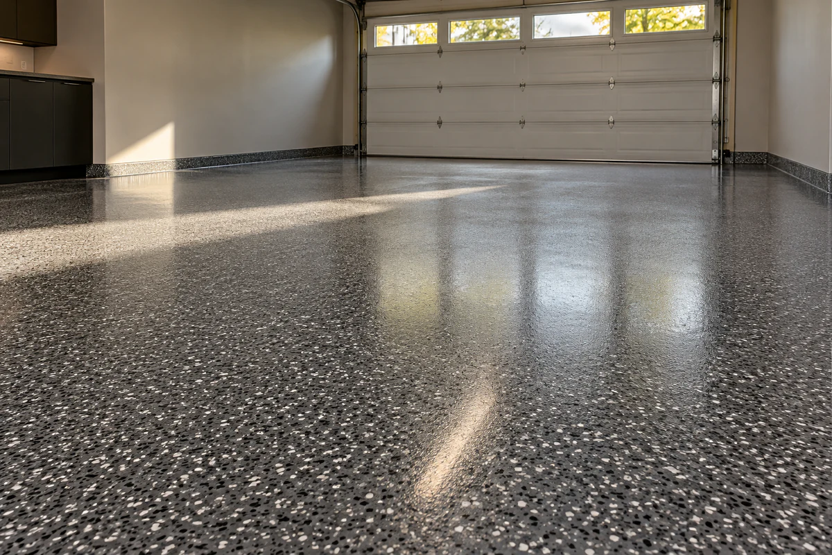 Illustrative completed graphite flake garage floor in afternoon light