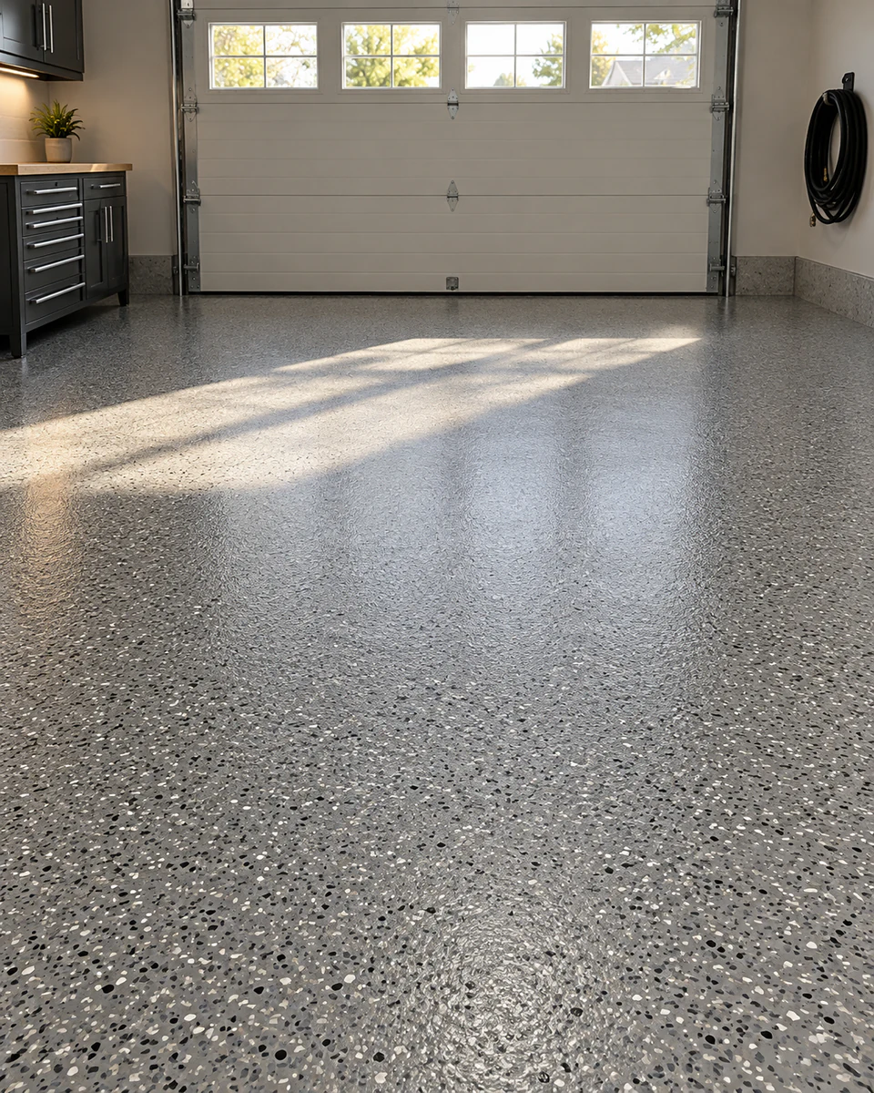 Illustrative gray flake garage floor with natural window light