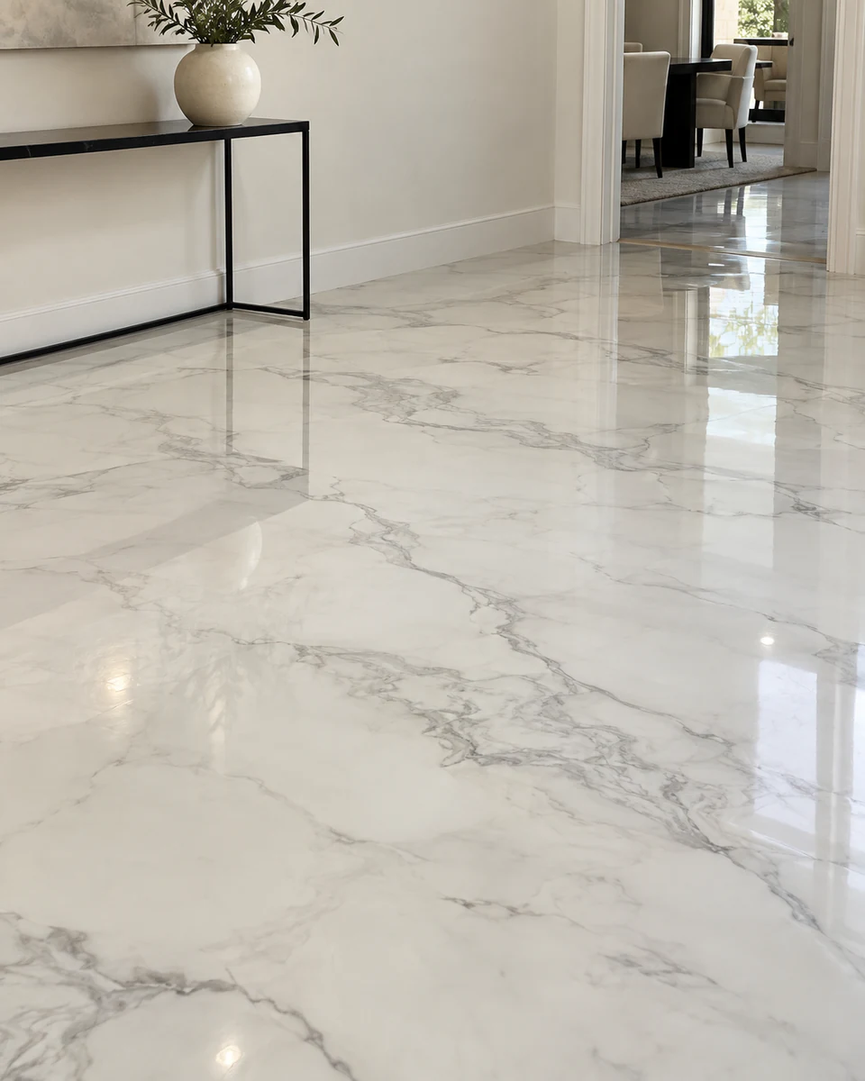 Illustrative seamless white marble-effect epoxy floor with gray veining