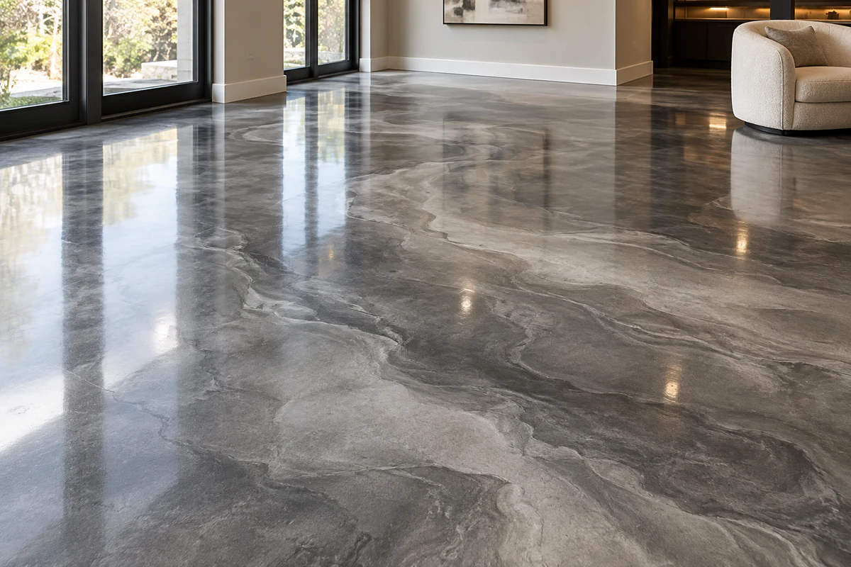 Illustrative graphite and pearl silver metallic epoxy floor