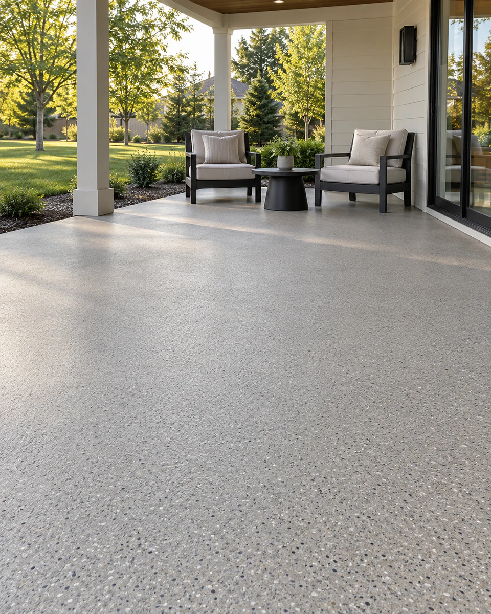 Illustrative covered patio with a continuous textured quartz floor