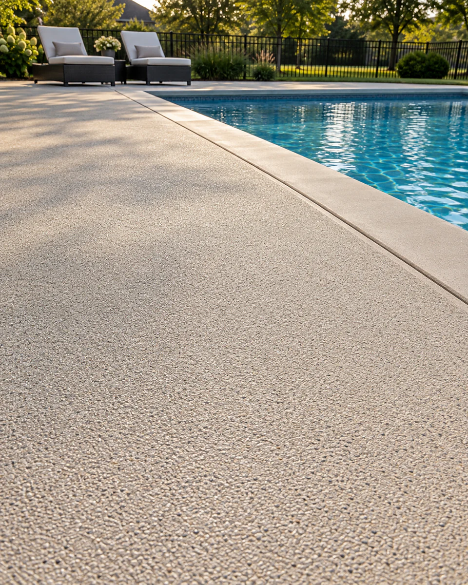 Illustrative textured quartz-coated pool deck beside blue water