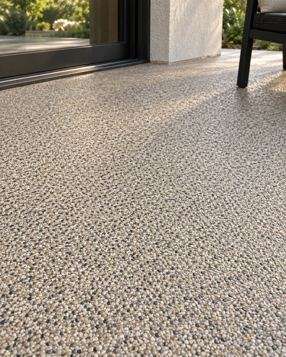 Illustrative finely textured quartz coating beside a patio door