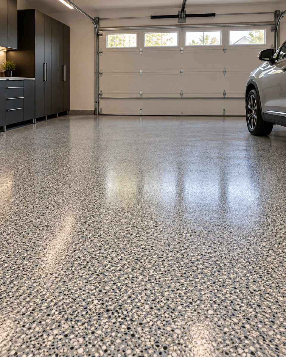 Illustrative residential garage with a gray flake floor and a silver SUV